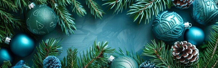 Festive Season: Pine Branches and Blue Ornaments