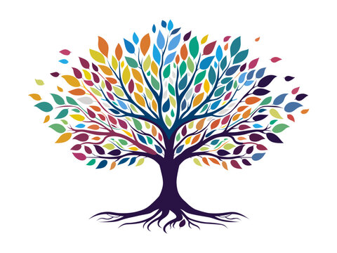 recommend clip art: tree of life with leaves, vector illustration of a colorful tree with roots
