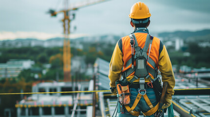Construction worker wearing safety helmet and harness diligently working at high place. The image highlights safety and professionalism in challenging work environment.