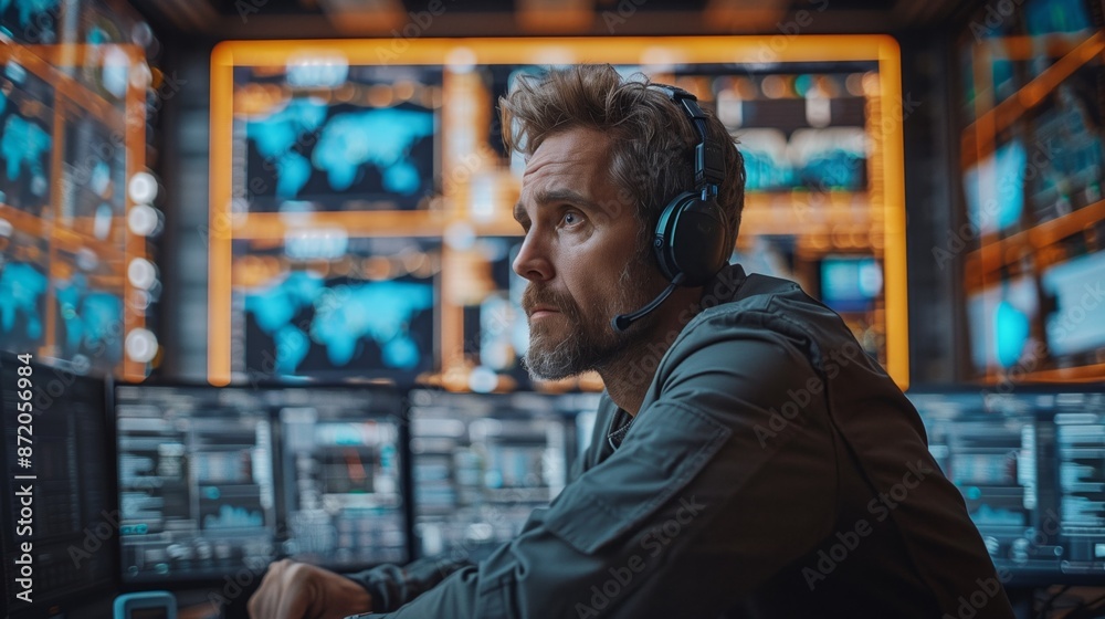 Aufkleber A man wearing a headset sits in front of a computer, surrounded by screens displaying data in a data center. He appears to be focused on his work, looking away from the camera.