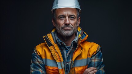 Obraz premium Mature Construction Worker Wearing Hard Hat and Safety Vest