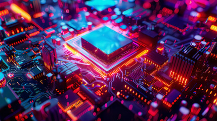 3D illustration of glowing quantum computer CPU futuristic processor vibrant neon lights advanced technology  intricate design