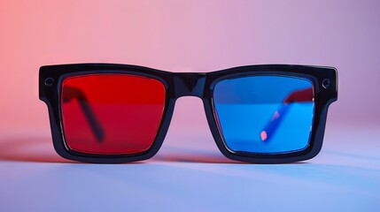A pair of red and blue glasses on a table.