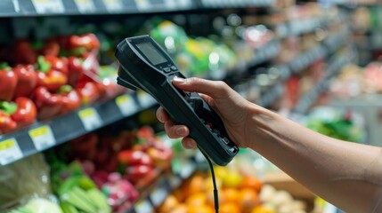 Hand Holding Infrared Thermometer in Supermarket.