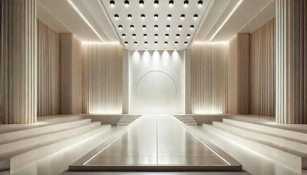Simple white fashion runway, elegant backdrop pattern, and soft even lighting. Bright, airy lighting enhances the simple elegance of the fashion stage.