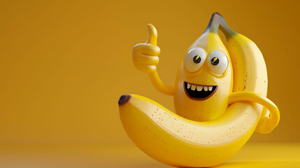 Realistic 3D vector of a fun banana character posing with a thumbs up, depicted in vivid HD quality