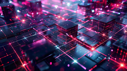 Fototapeta premium Abstract LED light effect with glare cubes digital CPU signal shine grid neon flare quantum computer net system representing modern big data and future tech 