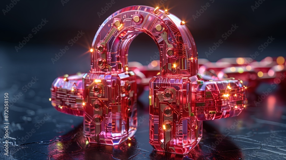 Leinwandbilder A close-up of a red glowing circuit board lock on a dark background. The lock is made of intricate metalwork and emits a warm, inviting glow.