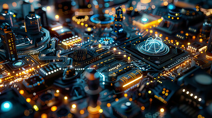 Obraz premium Abstract tech background with quantum computer architecture 3D illustration fantastic night city futuristic technologies global communication network intricate design 