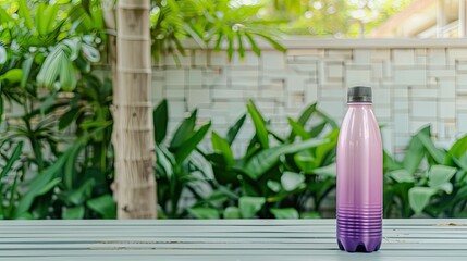 A pink water bottle sits on a wooden table in a backyard patio. There is a white house, greenery, and a patio set in the background