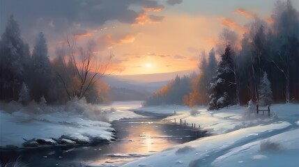 Winter landscape. Retro oil painting. Realistic wall picture of winter and Christmas. Christmas Card