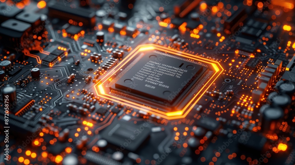 Poster A close-up image of a computer chip, illuminated with orange light, set within a circuit board. The image captures the intricate details of the chips circuitry.