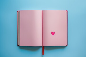 A pink book with blank pages, a red heart-shaped paper on the open page