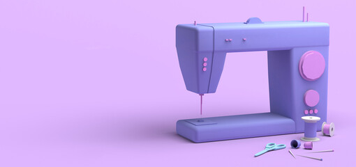 Clothing design concept with sewing machine, thimbles, and sewing threads. Copy space. 3D illustration.