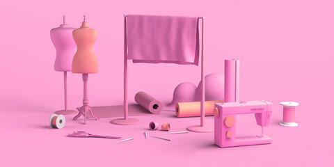 Sewing and fashion store. Tailoring shop with mannequins, fabrics, thimbles and sewing machine. Fashion designer. Copy space.  3D illustration.