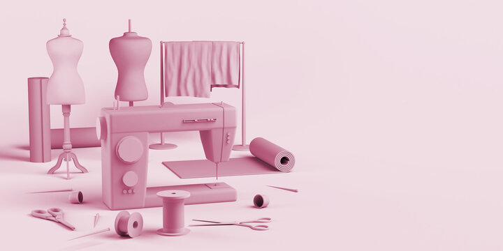 Sewing and fashion store. Tailoring shop with mannequins, fabrics, thimbles and sewing machine. Fashion designer. Copy space.  3D illustration.