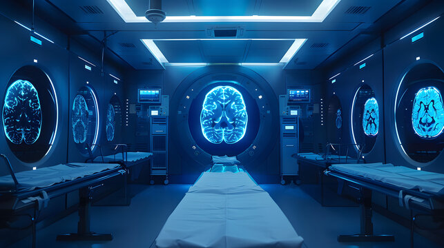 Advanced medical imaging technology in neon blue showcasing a series of brain MRI scans for neurological research and diagnostics in a clinical setting