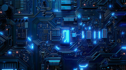 Blue futuristic motherboard background quantum computing hyper-detailed circuits illuminated pathways  modern technology data processing