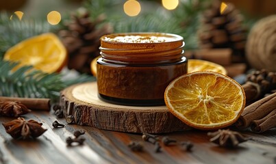 amber glass jar of moisturizer, cinnamon sticks, slice of dried orange natural face cream packaging design.image