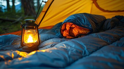 A detailed image of a highend sleeping bag with a plush downfilled interior and a waterresistant exterior. A small lantern is p next to it casting a warm glow inside the tent.