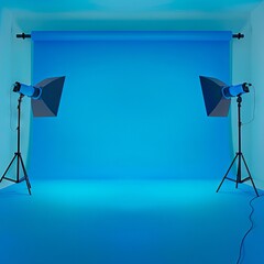 A blue light studio with two lights and a tripod.
