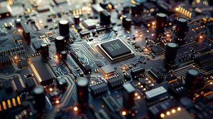 CPU chip on motherboard abstract 3D render processor computer chip circuit board with microchips and other computer parts  intricate design