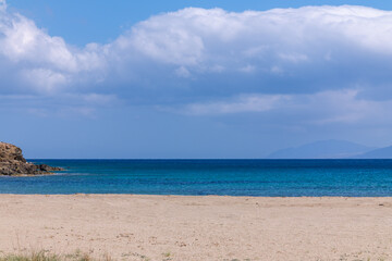 Panoramic view of the beautiful  turquoise Manganari beach in Ios Greece