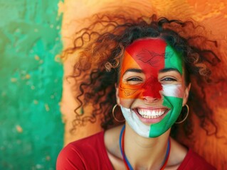 Vibrant Portrait of a Joyful Female Portugal Supporter with a Portugese Flag Painted on Her Face, Celebrating at UEFA EURO 2024