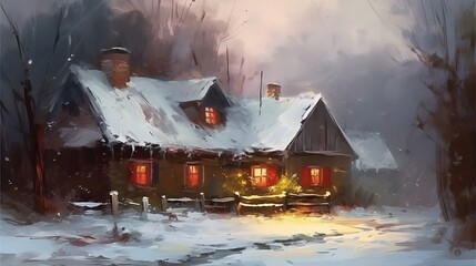 Winter landscape of house in the village retro oil painting. Evening winter, the light in the windows is on in the house. Realistic Winter and Christmas Wall Painting. Christmas Card