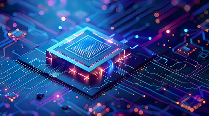 Digital chip futuristic microchip processor blue background with lights quantum computer large data processing database concept isometric CPU banner central computer processors 