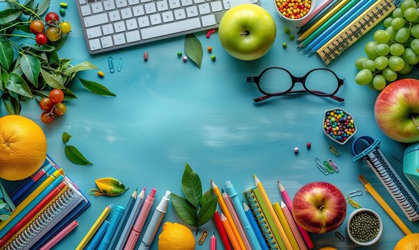 frame of shcool supplies, keyboard on white background back to school distance learning online concept flat lay top view overhead.image