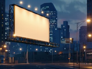 A large blank advertising billboard in a night-time urban setting with city lights and buildings