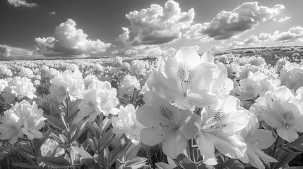 A black and white photo of flowers in a field.