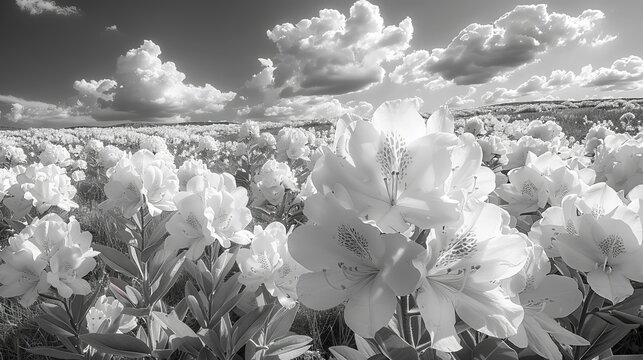 Fototapeta A black and white photo of flowers in a field.