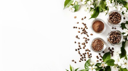 Coffee beans, ground coffee, and white blossoms on a white background