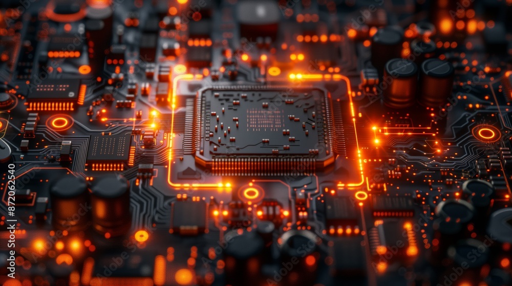 Poster A close-up image of a lit computer motherboard with a central processor chip. The image is taken from a low angle, showcasing the complex circuitry and illuminated components.