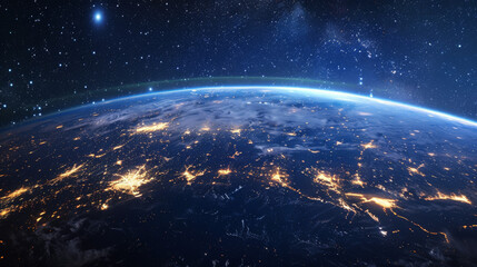 City lights at night with a planet. Thought of technology that links people in a city.