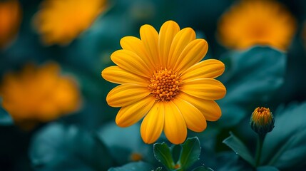 Obraz premium A yellow flower is in the middle of green leaves.