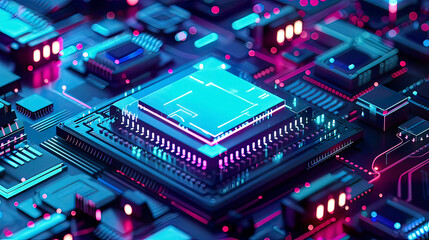 Futuristic blue neon microchip data exchange and collection smart new microchip concept quantum computer large data processing database concept CPU isometric banner central computer processors 