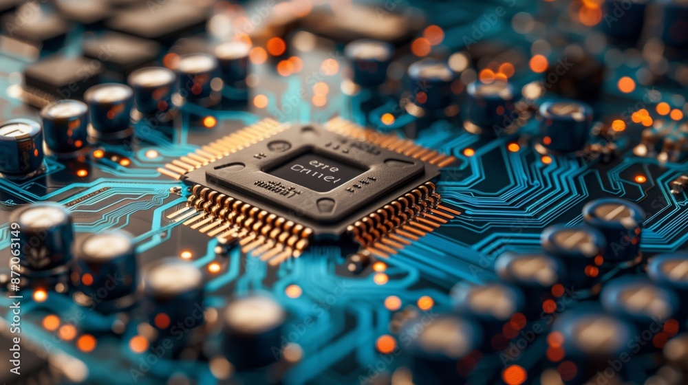Poster Close-up image of a microchip on a circuit board surrounded by capacitors and resistors, showcasing intricate details of the board design.