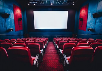 Fototapeta premium A movie theater with red seats and a screen.