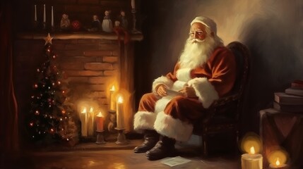 Santa Claus by the fireplace, reading a book in a cozy wooden room. oil Christmas retro card