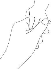 Single line drawn hand gestures, minimalistic parent hand and baby, children hand holding finger. Love, motherhood, paternity, childhoodб care sign. Linear drawing 