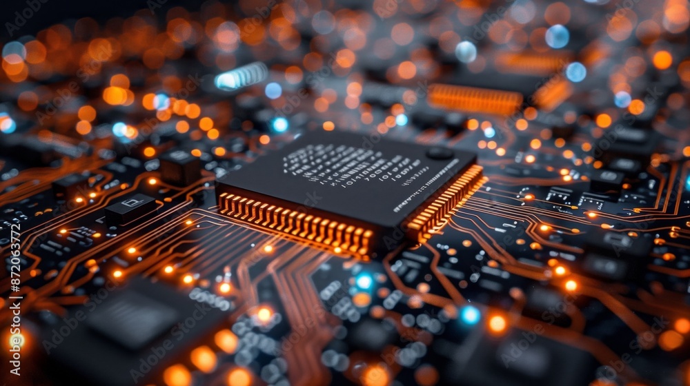 Poster A close-up image of a processor chip on a circuit board, illuminated with orange light. The intricate circuitry is visible, showcasing the complexity of modern technology.