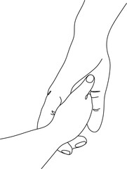 Single line drawn hand gestures, minimalistic parent hand and baby, children hand holding finger. Love, motherhood, paternity, childhoodб care sign. Linear drawing 