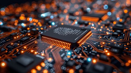 A close-up image of a processor chip on a circuit board, illuminated with orange light. The intricate circuitry is visible, showcasing the complexity of modern technology.
