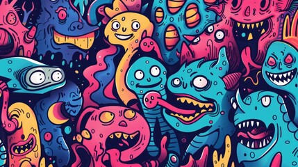 Hand-drawn cartoon illustration background with whimsical characters and vibrant colors, perfect for playful designs