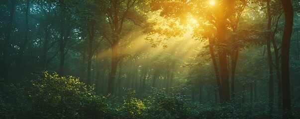 Sunlight streaming through a lush forest, beautiful woodland scene with vibrant green foliage, perfect for nature and landscape themed designs