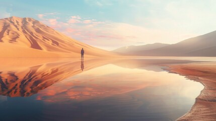 beautiful lake in the middle of a desert with reflection of the mountains and a blue sky