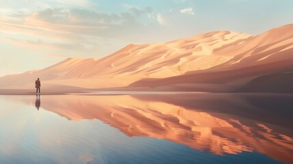 beautiful lake in the middle of a desert with reflection of the mountains and a blue sky